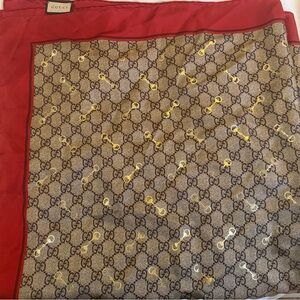 Gucci Red and Gray Monogram Scarf with Gold Accents